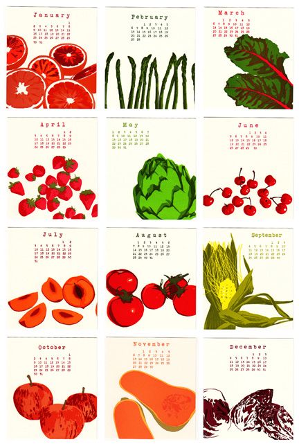 Letterpress Calendar, Calendar Designs, Season Calendar, Cookbook Design, Cool Calendars, 달력 디자인, Pie Bird, Zine Design, Seasonal Produce