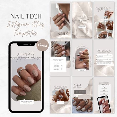 Check out our Beige Silk Nail Instagram Story Template to show off your latest nail designs. Perfect for Nail Techs, Nail Studios, and Nail Salons. #nailart #beigesilk #nailtechs #nailstudio #nailsalon Marketing Nails Social Media, Nail Tech Promotion Ideas, Nail Salon Instagram Feed, Nail Tech Ideas, Nail Advertising Ideas, Nail Instagram Story, Nail Content Ideas, Nail Salon Social Media, Cupid Nails