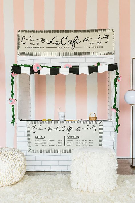 Snack Shack Playhouse @ Crate & Barrel | 100layercakelet Eloise At The Plaza Nursery, Diy Paris Theme Party, Cafe Playhouse, Paris Themed Nursery, Paris Theme Bedroom, Parisian Nursery, Paris Nursery, Ballerina Bedroom, Striped Bedroom