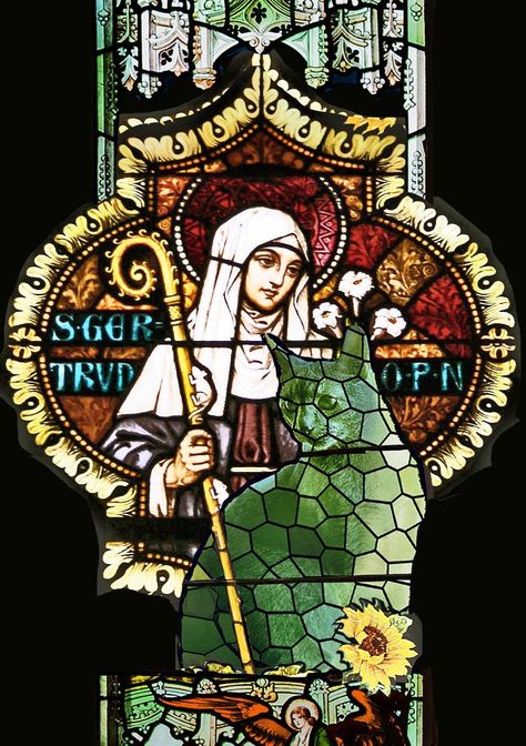 The Topiary Cat with St. Gertrude of Nivelles, the Patron Saint of cats, by Richard Saunders. Gertrude Of Nivelles, Patron Saint Of Cats, St Gertrude, Cat Language, March 17th, Cat Cards, Patron Saints, Sacred Art, All About Cats