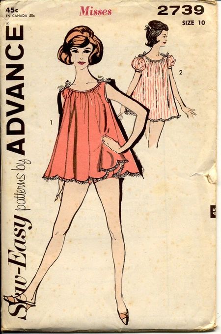 Baby Doll Nighty, 1960s Nightwear, Nightie Pattern, 1950s Pajamas, Baby Doll Pajamas, 1960s Lingerie, Pajamas Pattern, Nightgown Pattern, Babydoll Nightgown