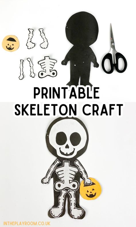 Easy Skeleton Craft With Free Printable Template - In The Playroom Skeleton Crafts Preschool, Skeleton Art For Toddlers, Skeleton Crafts For Toddlers, Skeleton Activities For Toddlers, Preschool Halloween Crafts Free Printable, Preschool Skeleton Craft, Build A Skeleton Printable, Free Skeleton Printables, Free Halloween Printables Free Templates