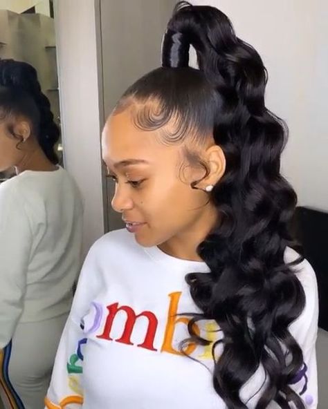 High Weave Ponytail Hairstyles Curly, Black Weave Ponytail Hairstyles, Sleek Ponytail With Curls, Genie Ponytail Weave, High Ponytail Hairstyles For Black Women, High Weave Ponytail, High Ponytail Styles, Ponytail Weave, Long Ponytail Hairstyles