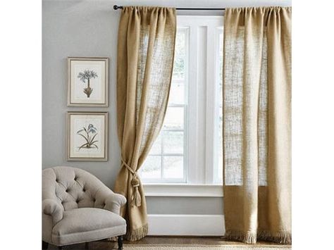 Fall Colour Trends in Drapery and Design 10/01 by homebeautyand bath | Design Podcasts Hessian Curtains, Window With Curtains, Burlap Drapes, Country Style Bedroom, Traditional Curtains, Burlap Curtains, Farmhouse Curtains, Interior Windows, Shabby Chic Bathroom