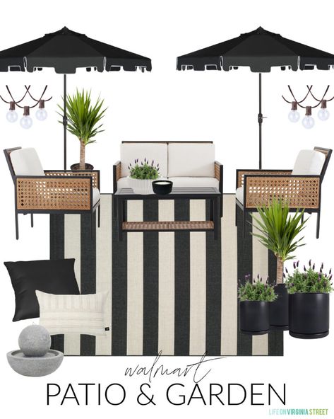 Cane Patio Furniture, Backyard Styling Ideas, Contemporary Patio Ideas, Black And Tan Patio Decorating Ideas, Minimal Patio Decor, Black And Wood Outdoor Furniture, Black White Outdoor Decor, Front Porch Decor Black And White, Back Patio Decorating Ideas Plants