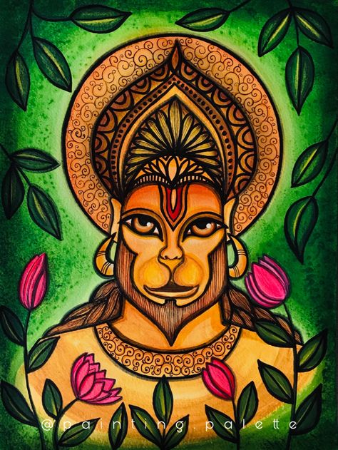 Folk Art Painting Easy, Shree Hanuman Ji, Hanuman Ji Painting, Hanuman Painting, Art Painting Easy, Pencil Colour Painting, Yoga Art Painting, Shree Hanuman, Abstract Art Projects