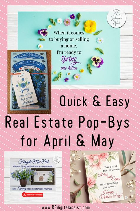 Spring is the perfect time to reconnect with your real estate clients! Here is a roundup of some quick and easy April and May pop-by ideas with printable tags that your clients are sure to love! Pop By Ideas, Circle Of Influence, Pop Bys Real Estate, Real Estate Marketing Gifts, Real Estate Client Gifts, Client Appreciation Gifts, Real Estate Fun, Real Estate Closing Gifts, Real Estate Shirts