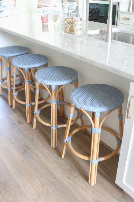 affordable bistro stools - riviera dupe - serena and lily riviera stool dupe - kid friendly counter stools - wipeable counter stools - coastal decor - grand millennial home - blue and white kitchen Coastal Kitchen Counter Stools, Blue Barstools In Kitchen, Grand Millennial Home, Blue And White Kitchen, White Counter Stools, Grand Millennial, Backless Stools, Kitchen Counter Stools, Bistro Style