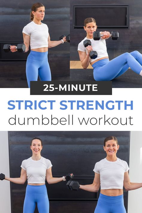 Build strength, definition and muscle tone in the upper body with this dumbbell workout routine: the 7 best dumbbell arm exercises. We love this strict-set format for pushing each muscle group to fatigue, resulting in muscle growth. This is a complete upper body workout, targeting the biceps, triceps, back, chest and shoulders in under 30 minutes. Strength Training Videos, Dumbbell Workout Routine, Dumbbell Arm Workout, Pregnancy Workout Videos, Arm Exercises, Core Workouts, Women Working, 30 Minute Workout, Weight Workout