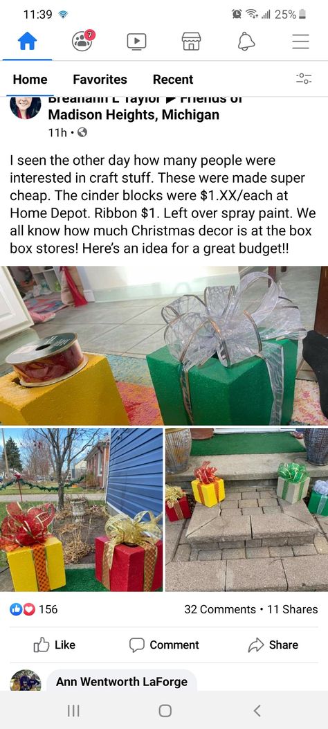 This is an easy and fun craft for outside decorating. The square brick shown here was found at Home Depot for $1:XX/ each. Spray paint can be used to paint the blocks. Large wire ribbon are the best to properly shape the bows. Cinder Block Christmas Decor, Spray Paint Can, Cement Blocks, Spray Paint Cans, Cinder Block, Paint Can, A Present, Fun Craft, The Blocks