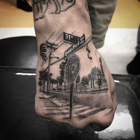 7,789 Me gusta, 111 comentarios - Isaiah Negrete (@booboonegrete) en Instagram: "The #Block ! #Streets #Corner #Signs #SantaMonica On @ajgordinier #HandTattoo" Tattoo 101, Urban Tattoos, Chicanas Tattoo, Couples Tattoos, Chicano Style, Gangsta Tattoos, Street Tattoo, Forarm Tattoos, Men Tattoos