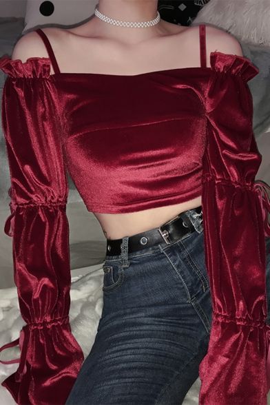 Fancy Long Sleeve Top, Cute Fancy Tops, Red Tops Outfit, Cute Red Tops, Fancy Tops For Women, Velvet Crop Top Outfit, Velvet Tops For Women, Cold Shoulder Top Outfit, Red Crop Top Outfit