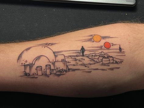 Binary Sunset Tattoo, Tatooine Tattoo, Euphoria Tattoo, Tatooine Sunset, Binary Sunset, Sunset Tattoo, Sunset Tattoos, Infinity Tattoo, Geometric Tattoo