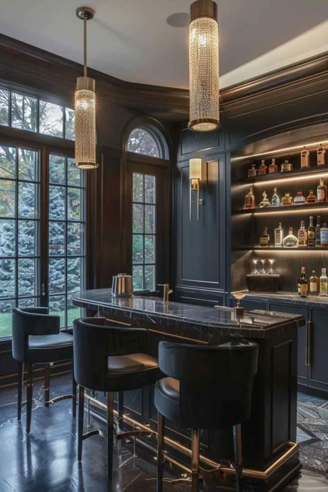 36 Fashionable Home Bars: Crafting Bold Visual Statements with Style Kitchen With Cocktail Bar, Bar Parlor Room Ideas, Black And White Home Bar, Dark Home Bar Ideas, Classy Home Bar Ideas, Moveable Bar Ideas, Bar Counter Design Home Modern Luxury, Luxury Mini Bar At Home, Moody Home Bar