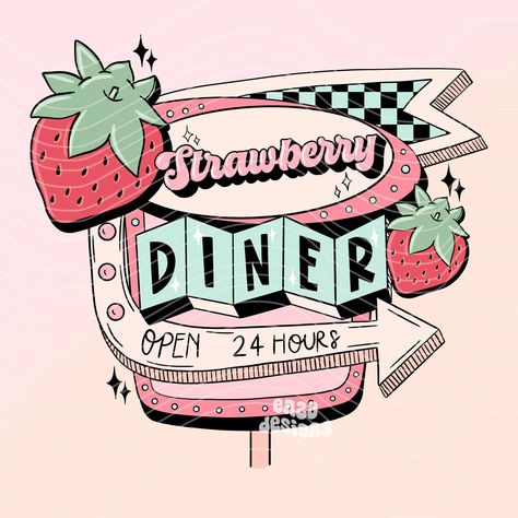 Strawberry Diner Png Sublimation Design For T-Shirt Digital Download, Trendy Spring Png Strawberry Season Design, Retro Summer Png Designs Spring Png, Design For T Shirt, Strawberry Season, Retro Theme, Summer Png, Digital Drawings, Retro Summer, Summer Design, Vintage Summer