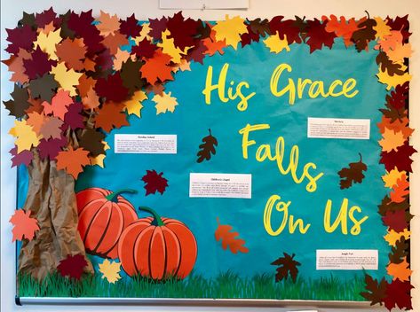 Fall Builtin Boards, His Grace Falls On Us Bulletin Board, Fall Faith Bulletin Boards, Thanksgiving Billboard Ideas For School, Christian Halloween Bulletin Boards, Christian Bulletin Board Ideas For Fall, Fall Christian Door Decorations, Fall For Jesus Bulletin Board, Fall Festival Bulletin Board Ideas