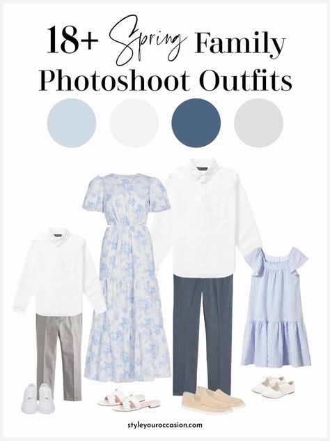 Looking for family photo outfits for a spring photoshoot? These 18+ spring family photos will inspire your attire so you look and feel amazing! Choose from neutral outfit to pastel color combinations, gingham, stripes, denim, and more. There’s casual outfits (jeans), or more dressy (floral dresses). From the city to the beach you’re covered! #2022 #familyphotooutfits Matching Family Outfits For Pictures Summer, Blue And White Family Photo Outfits, Denim Family Pictures Outfits, Pastel Color Combinations, Casual Outfits Jeans, Spring Photoshoot Outfits, Spring Family Photo Outfits, Spring Family Pictures, Spring Family Photos