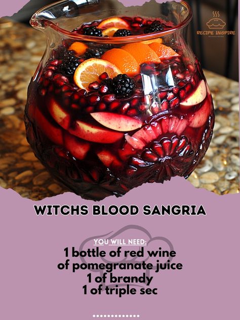 🧙‍♀️✨ Stir up some spooky fun with Witch's Blood Sangria! The perfect potion for Halloween gatherings! 🍷🎃 Witch's Blood Sangria Ingredients: - 1 bottle of red wine (750ml) - 1 cup of pomegranate juice - 1/4 cup of brandy - 1/4 cup of triple sec - 1/4 cup of simple syrup - 1/2 cup of sliced oranges - 1/2 cup of pomegranate seeds - 1/2 cup of blackberries - 1/2 cup of sliced apples - Club soda (for topping) Instructions: 1. In a large pitcher, combine red wine, pomegranate juice, brandy, tri... Blackberry Pomegranate Cocktail, Brandy Sangria, Witchy Food, Sliced Oranges, Sangria Pitcher, Pomegranate Cocktails, Sangria Ingredients, Sliced Apples, Red Sangria