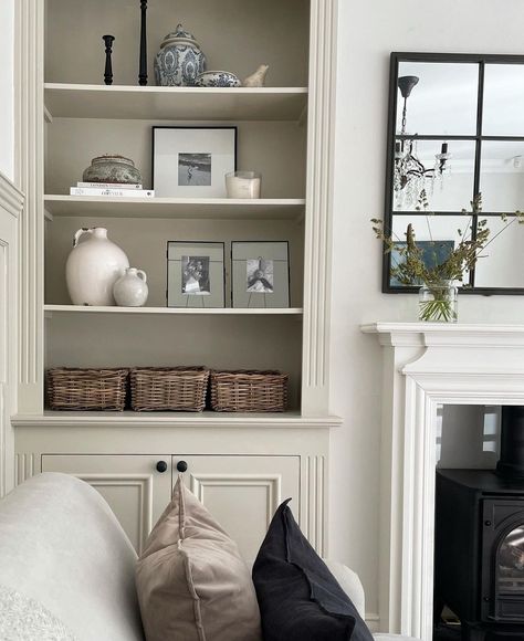 Lounge Dresser Ideas, Shelves In Lounge, Lounge Alcove Shelving Ideas, Fitted Alcove Cupboards Living Rooms, The White Company Living Room, Dining Room Alcove Ideas, Lounge Alcove Shelving, Alcove Living Room, Wooden Alcove Shelves Living Rooms