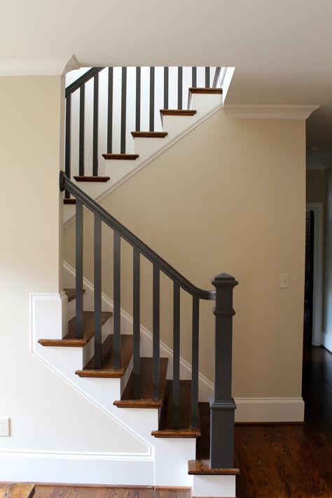 Black Pine Studio -Dark painted stair rail -Beautiful! Painted Banister, Painted Stair Railings, Banister Remodel, Black Stair Railing, Indoor Railing, Stairs Railing, Painted Staircases, Black Stairs, Stair Banister