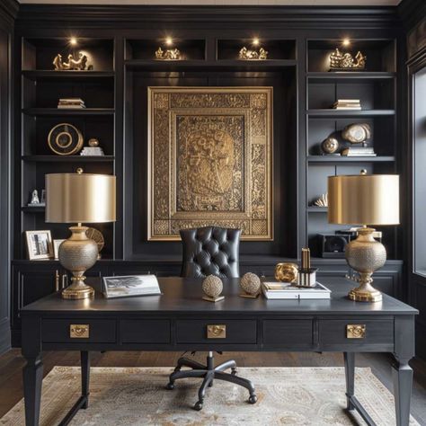 Black And White Study Room, Black And Brown Home Interior, Lounge Office Room Ideas, Classic Office Design Luxury, Luxury Home Office Design, Traditional Office Design, Boss Office Interior Design, Classic Office Design, Office Ideas For Men