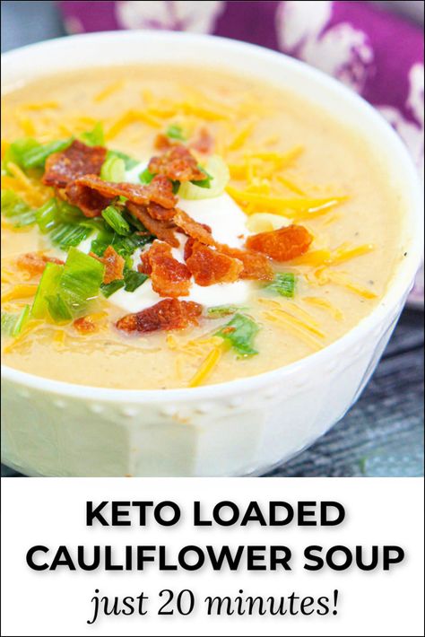 white bowl with loaded keto cauliflower soup and text Loaded Soup, Keto Cauliflower Soup, Loaded Cauliflower Soup, Healthy Hearty Soup, Low Carb Potatoes, Hearty Soup Recipes, Creamy Cauliflower Soup, Loaded Cauliflower, Cauliflower Soup Recipes