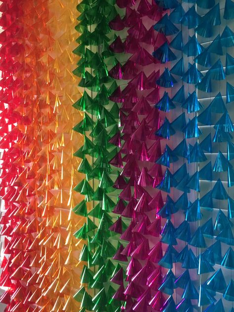 Cellophane cone backdrop!  See at Etsy.com/shop/dharmacreative Cellophane Backdrop, Pride Party Decor, Pride Window Display, Pride Backdrop, Pride Month Decorations, Pride Party Ideas, Waffle Christmas, Pride Display, Pride Decorations