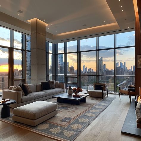 Chic Urban Living: Modern living room with expansive city view through floor-to-ceiling windows during a captivating sunset. #interior #sunset #living room #cityscape #windows #aiart #aiphoto #stockcake ⬇️ Download and 📝 Prompt 👉 https://ayr.app/l/VLth Penthouse Apartment Living Rooms, Floor To Ceiling Windows Apartment, Luxurious Apartment Interior, Sunset Living Room, Modern Condo Living Room, Dark Teal Bedroom Ideas, Sunset Interior, Big Windows Living Room, Dark Teal Bedroom