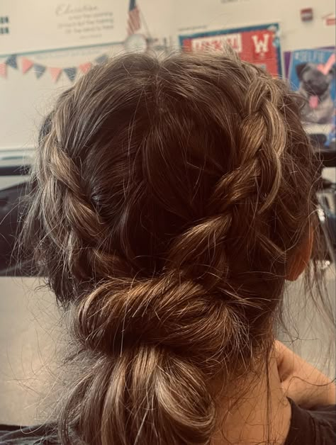 Dutch Braid Bun, French Braid Buns, Two Dutch Braids, Running Hairstyles, Messy Bun With Braid, Basketball Hairstyles, Competition Hair, Gymnastics Hair, Dutch Braid Hairstyles