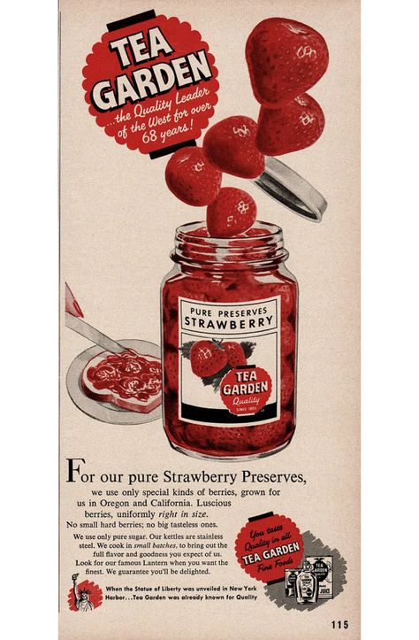 Vintage strawberry jam ad (1950s) Jam Advertisement, Peanuts Butter, Vintage Sweets, Strawberry Preserves, Strawberry Jelly, Vintage Strawberry, Food Advertising, Food Props, Vintage Food