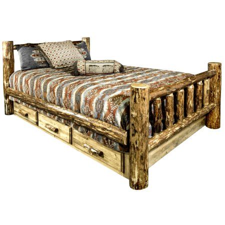 Rustic Platform Bed, Full Bed With Storage, Storage Bed Queen, Log Bed, King Storage Bed, Pallet Bed, Slatted Headboard, Style Bed, California King Bedding