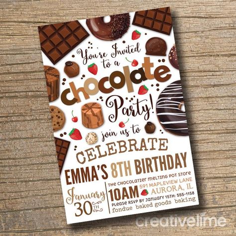 PRINTABLE Chocolate Party Invitation Chocolate Desserts #gadget Chocolate Birthday Party, Desserts Birthday, Chocolate Party, Dessert Party, Cheese Party, Flyer Ideas, Fourth Birthday, Party Invitations Kids, Invitation Kits