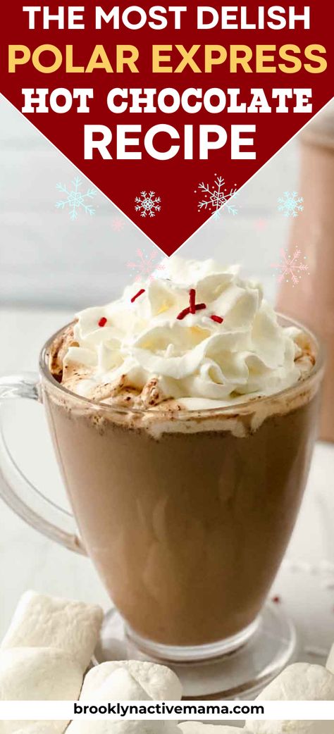 This homemade Polar Express Hot Chocolate Recipe is so fun and easy to make! Great flavors and easy to make for movie night! Polar Express Cocoa, Cold Hot Chocolate Drinks, Polar Express Hot Cocoa, German Hot Chocolate Recipe, The Santa Clause Movie Hot Chocolate Recipe, Disney Hot Chocolate Recipe, Easy Movie Night Dinner, Unique Hot Chocolate Recipes, Nesquick Hot Chocolate