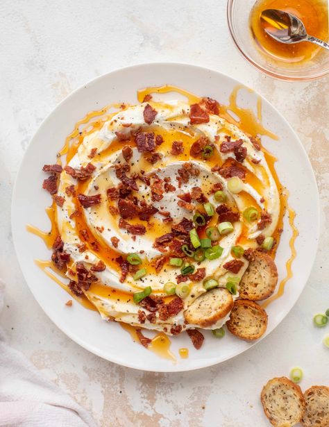 Goat Cheese Whipped Cream, Goat Cheese Bagel, Whipped Goat Cheese With Smoky Bacon Jam, Hot Honey Charcuterie, Goat Cheese And Honey Appetizer, Whipped Goat Cheese Appetizer, Hot Honey Appetizers, Warm Goat Cheese Dip, Hot Finger Food