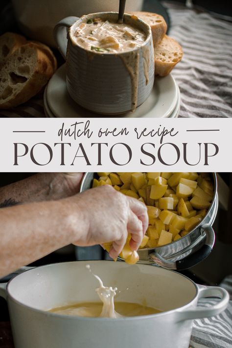 Easy dutch oven potato soup recipe made on the stove top. Delicious Dutch Oven Recipes, Potato Soup Dutch Oven Recipes, Recipes To Make In A Dutch Oven, Dutch Oven Instant Pot, Potato Soup In Dutch Oven, Dutch Oven Appetizer Recipes, Thanksgiving Dutch Oven Recipes, Easy Dutch Oven Dinner Recipes, Dutch Oven Seafood Recipes