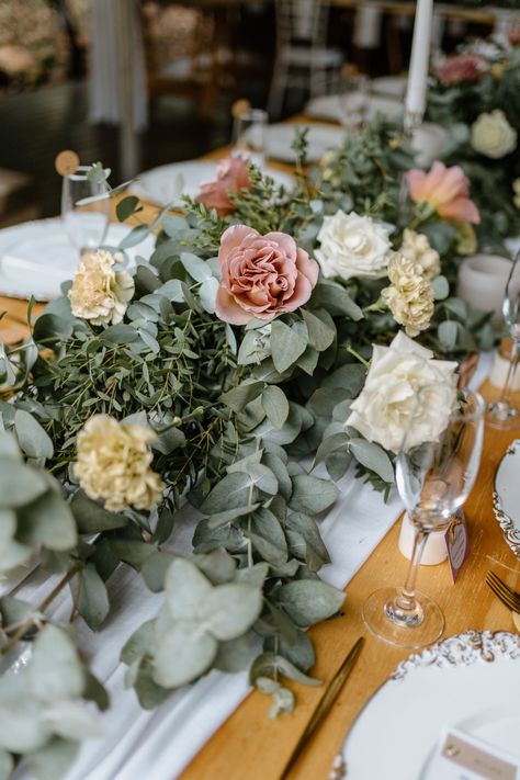 Flower Table Runner, Gum Leaves, Vine Wedding, Flower Table, Table Flowers, Chic Vintage, Vintage Chic, Vintage Decor, Wedding Table