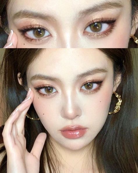 Asian Brown Makeup, Brown Chinese Makeup, Glam Makeup Asian Eyes, Homecoming Makeup Asian, Asian Eye Makeup Looks, Brown Eye Makeup Asian, Hoco Makeup Asian, Douyin Makeup Non Asian, Kbeauty Korean Makeup Looks