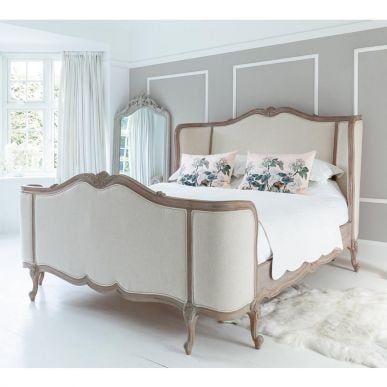 Palais de Versailles Curved Upholstered Bed | FBC Camilla Frances, Wood And Upholstered Bed, Shabby Chic Candle, Shabby Chic Chandelier, Luxury Bedspreads, French Style Bed, Styl Shabby Chic, French Bed, Grey Linen Bedding