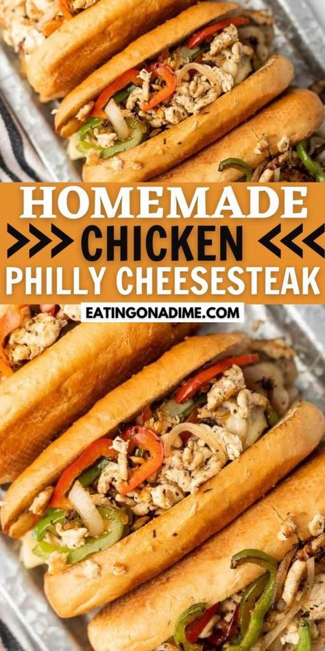 Chicken Philly Sandwich Recipe, Ground Chicken Philly Cheese Steaks, Chicken Cheesesteaks, Shredded Chicken Philly Cheesesteak, Chicken Philly Sliders, Philly Cheese Chicken Sandwich Recipe, Philly Cheese Steak Chicken, Philly Cheese Chicken, Chicken Cheese Steaks