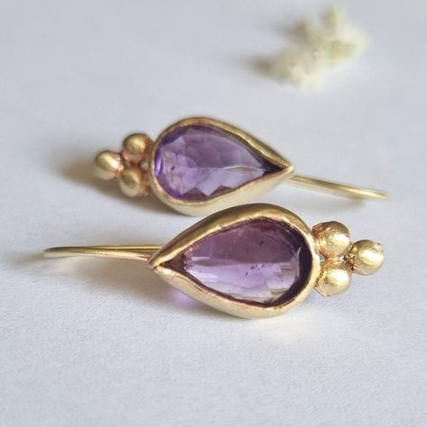 Drop Gold Earrings, Purple Amethyst Earrings, Romantic Earrings, Earrings Teardrop, Gem Earrings, Earrings Antique, Solid Gold Earrings, Gold Dots, Earrings Drop