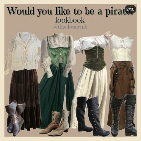 Pirate Era Clothes, Pirates Of The Caribbean Aesthetic Outfit, Pirate Core Outfits Modern, Pirate Outfits Aesthetic, Feminine Pirate Outfit, Pirate Core Aesthetic Outfits, Shipwreck Aesthetic Outfit, Casual Pirate Outfit Female, Piratecore Aesthetic Outfits