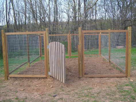 garden fence....this is what we need for ours b/c the animals...badger, deer, racoons....and who knows what else had a field day in our garden last yr! No matter what we did they still found a way to get in! Outdoor Dog Fence Ideas Diy, Diy Dog Run Cheap, Dog Kennel Ideas Outdoor Diy Cheap, Cheap Dog Run Ideas Backyard, Diy Dog Pen Outdoor, Cheap Fence Ideas For Dogs, Dog Run Ideas Backyard, Dog Yards, Dog Fence Ideas