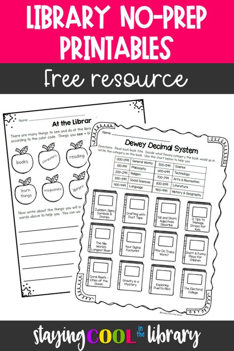 2nd Grade Library Lessons, Library Lessons For Kindergarten, Library Media Specialist Elementary, Library Skills Worksheets Free Printable, Fall Library Lessons, Library Coloring Pages For Kids, Library Lessons Elementary Free, Free Library Printables, Library Activities For Middle School