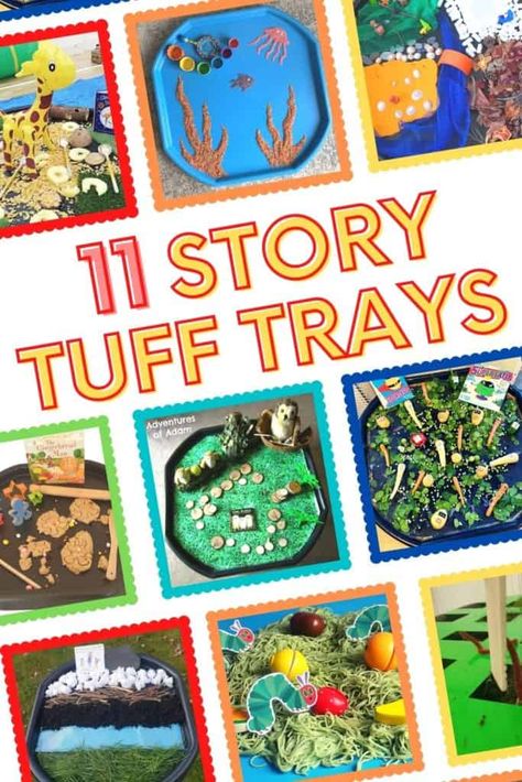 11 Story Themed Tuff Tray Ideas Story Telling Week Activities Eyfs, Story Telling Week Activities, Story Tables Preschool, Inspire My Play Tray Ideas, Eyfs Story Activities, Book Week Tuff Tray Ideas, World Book Day Activities Preschool, Toddler Storytime Ideas, World Book Day Activities For Toddlers