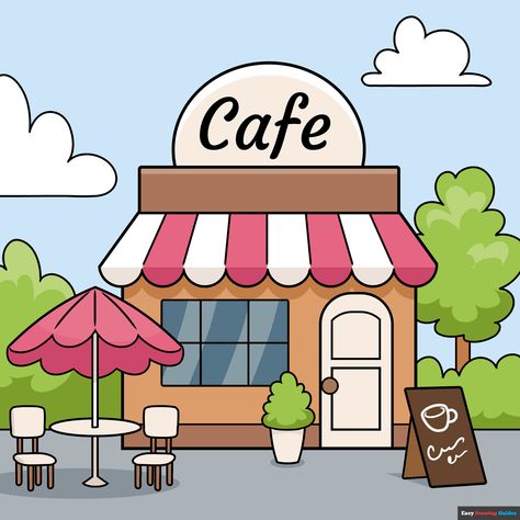 Learn to draw a Cafe. This step-by-step tutorial makes it easy. Kids and beginners alike can now draw a great Cafe. School Drawing Ideas, Coffee Shop Drawing, Cafe Drawing, Easy Drawing Guides, Cafe Pictures, Shop Drawing, Drawing Ideas Easy, Drawing Guides, Cartoon House