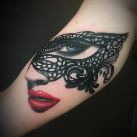 Venetian mask tattoo Lace Mask Tattoo, Masked Woman Tattoo, Masquerade Mask Tattoos For Women, Behind The Mask Tattoo, Woman Mask Tattoo, Mask Tattoos For Women, Venetian Mask Tattoo, Masquerade Tattoo, Masquerade Mask Tattoo