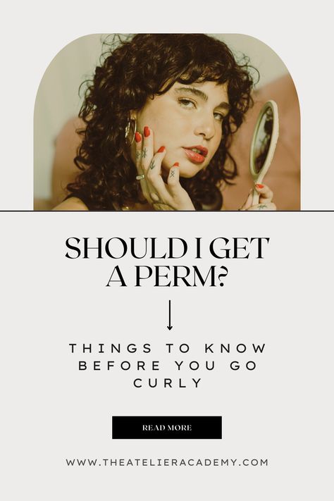 Should I get a Perm? Things to Know Before you Go Curly. Read More. Www.theatelieracademy.com. A brunette woman with curly hair, tattoos, and red lipstick looks into the camera while holding a mirror. Different Style Perms, Perms Before And After Medium Length, Partial Perm Before And After, Permed Hair Before And After, Perms For Fine Hair Before And After, Perm On Medium Length Hair, Perm Care Routine, Perm Types Waves, Modern Perm Medium Hair