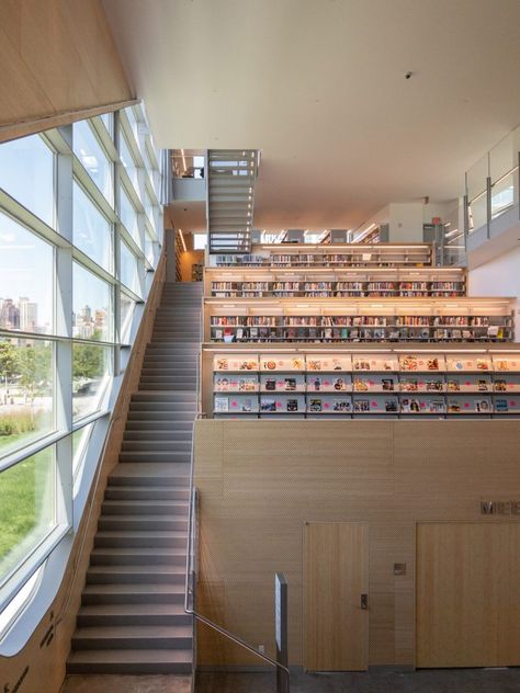 Steven Holl punctures concrete New York library with "sculpted cuts" Steven Holl Architecture, Brooklyn Library, Small Sitting Areas, New York Library, Open Stairs, Steven Holl, Community Library, Reading Area, Rooftop Patio