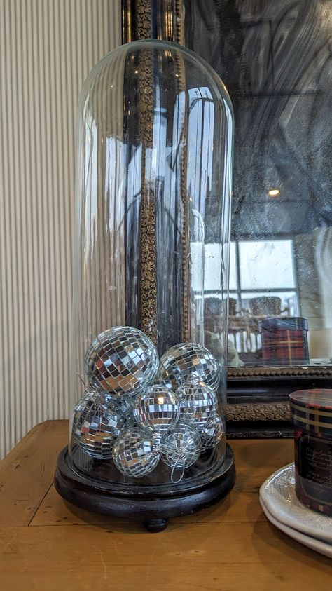 Mini disco balls in a vintage glass cloche Mini Disco Ball Diy, Mini Disco Ball Table Decor, Mini Disco Ball, Mini Disco Balls, Mini Disco Ball Decor, Tiny Disco Ball Decor, Mini Disco Ball Room Decor, Mirror Ball, Glass Cloche