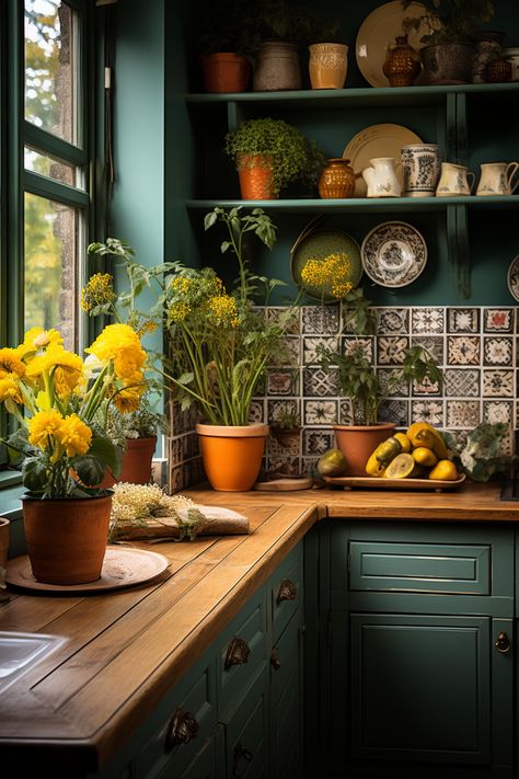 Bohemian Kitchen Ideas Vintage, Bohemian Green Kitchen, Botanical Kitchen Decor, Dark Green And Yellow Kitchen, Boho Maximalist Kitchen, Storage Ideas For Small Kitchens, Boho Kitchen Green, Boho Green Kitchen, Kitchen Boho Ideas